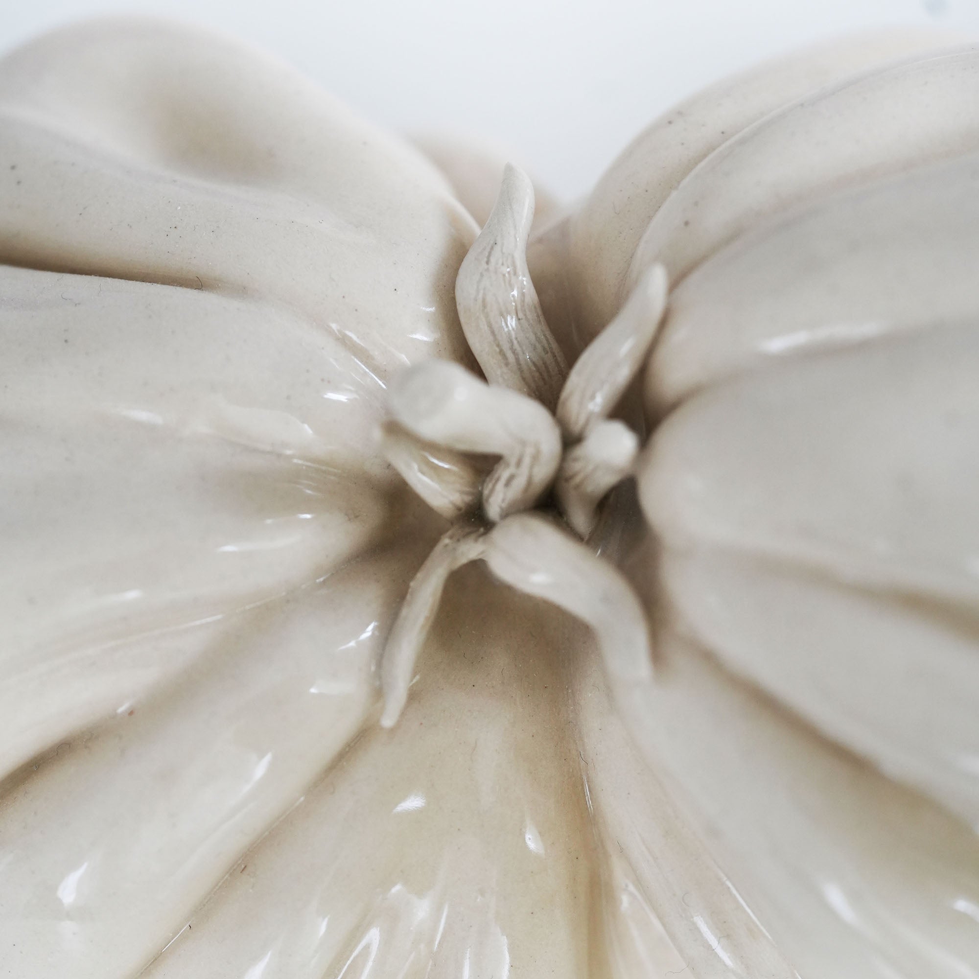 Close-up of a glossy ceramic sculpture shaped like the top of a tomato, in warm off-white
