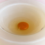 A cracked egg appears inside a white -vanilla bowl, closeup