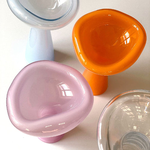 Four colorful pet bowls in pink, orange, blue, and clear on a white background